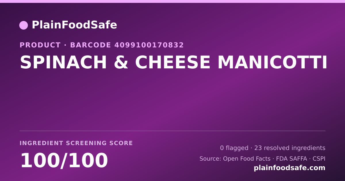Share card for SPINACH & CHEESE MANICOTTI Food Ingredient Profile