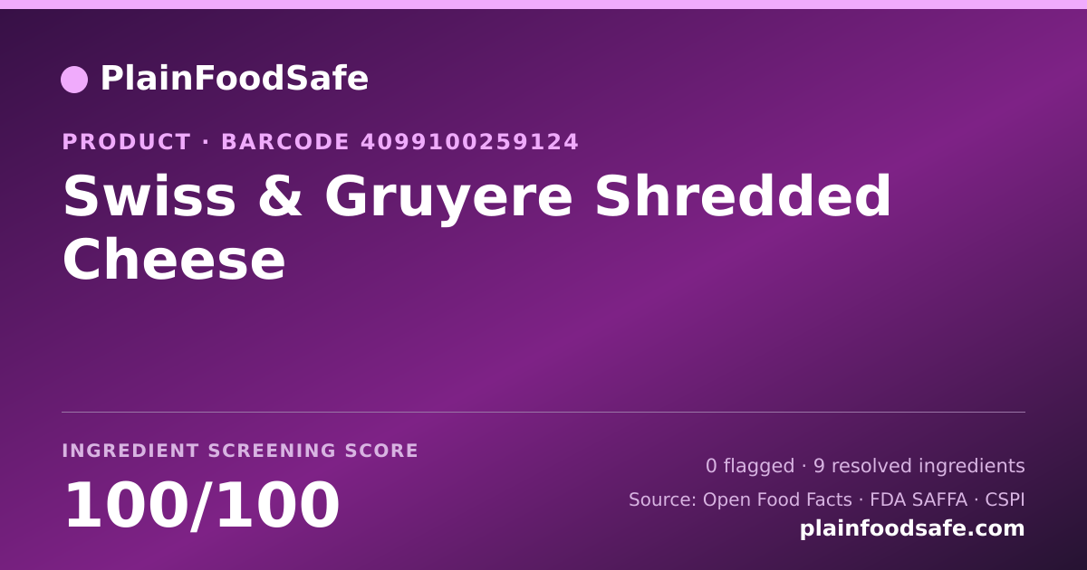 Share card for Swiss & Gruyere Shredded Cheese Food Ingredient Profile