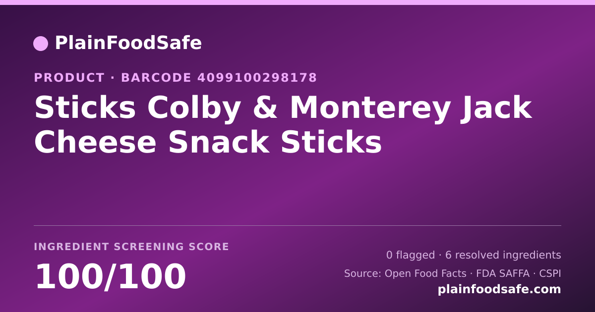 Share card for Sticks Colby & Monterey Jack Cheese Snack Sticks Food Ingredient Profile