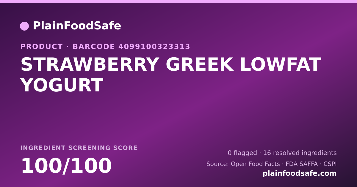 Share card for STRAWBERRY GREEK LOWFAT YOGURT Food Ingredient Profile