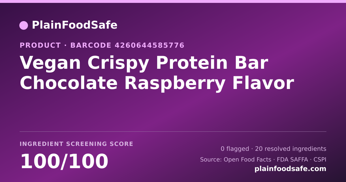 Share card for Vegan Crispy Protein Bar Chocolate Raspberry Flavor Food Ingredient Profile