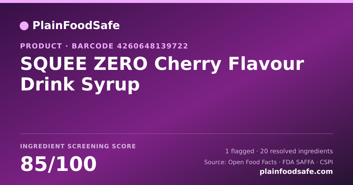 Share card for SQUEE ZERO Cherry Flavour Drink Syrup Food Ingredient Profile