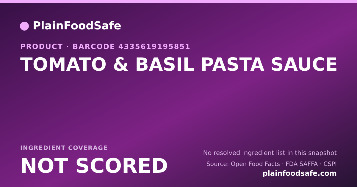 Share card for TOMATO & BASIL PASTA SAUCE Food Ingredient Profile