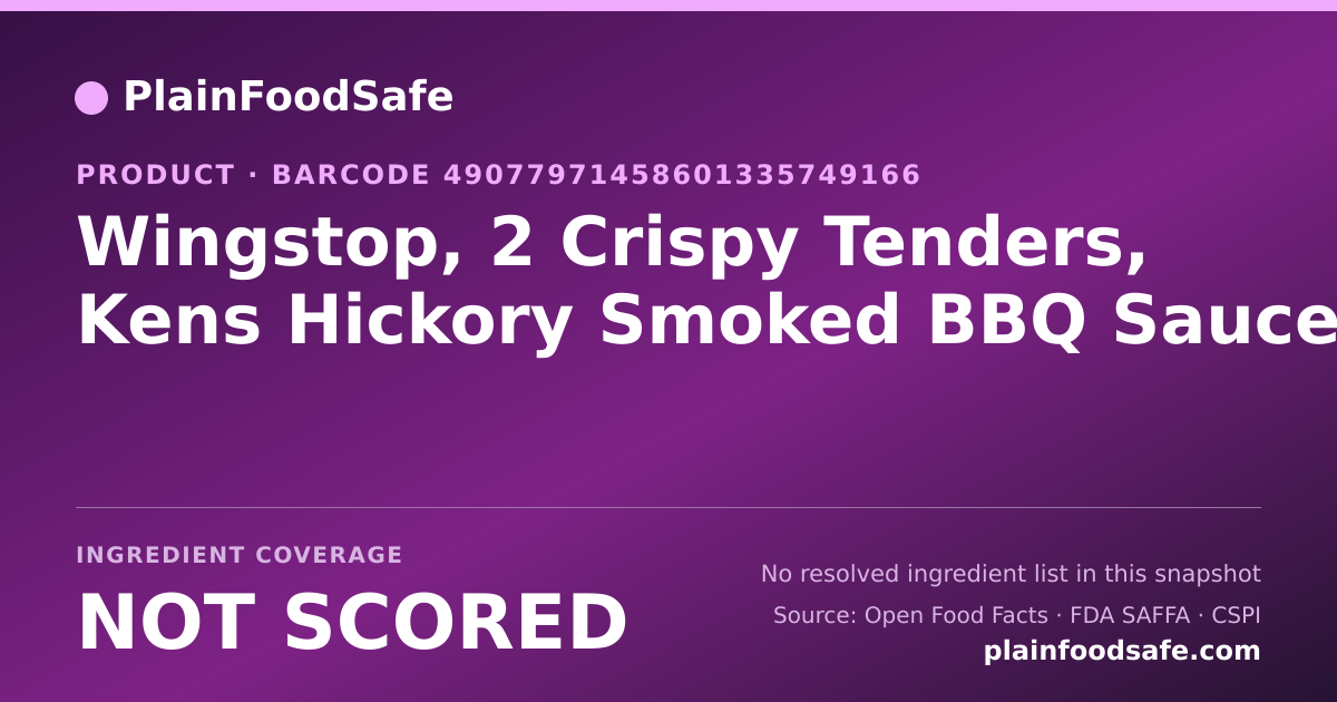 Share card for Wingstop, 2 Crispy Tenders, Kens Hickory Smoked BBQ Sauce Food Ingredient Profile