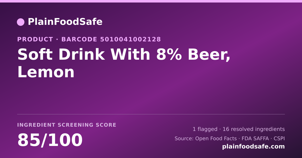 Share card for Soft Drink With 8% Beer, Lemon Food Ingredient Profile