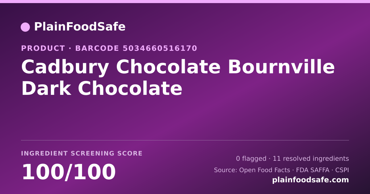 Share card for Cadbury Chocolate Bournville Dark Chocolate Food Ingredient Profile