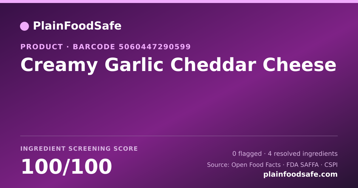 Share card for Creamy Garlic Cheddar Cheese Food Ingredient Profile
