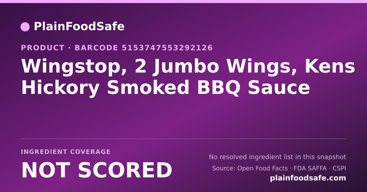 Share card for Wingstop, 2 Jumbo Wings, Kens Hickory Smoked BBQ Sauce Food Ingredient Profile