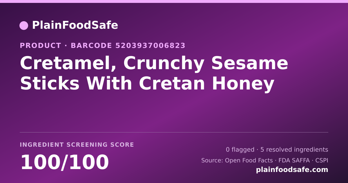 Share card for Cretamel, Crunchy Sesame Sticks With Cretan Honey Food Ingredient Profile