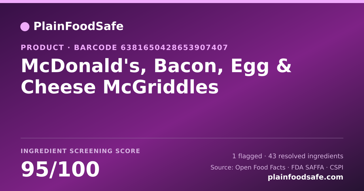 Share card for McDonald's, Bacon, Egg & Cheese McGriddles Food Ingredient Profile