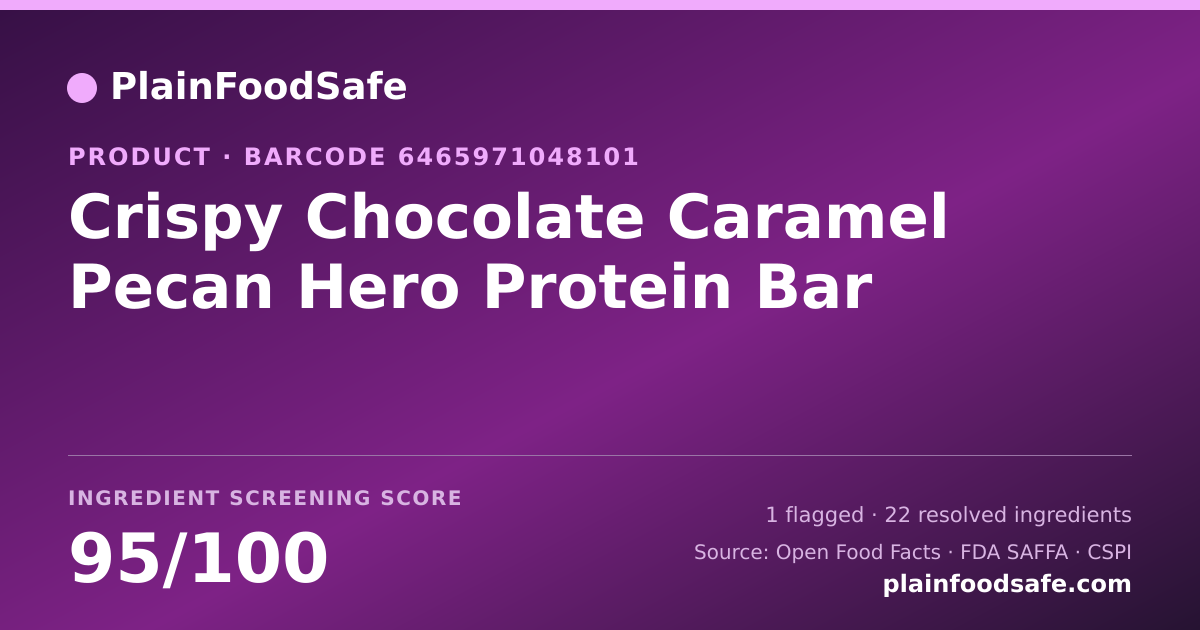 Share card for Crispy Chocolate Caramel Pecan Hero Protein Bar Food Ingredient Profile