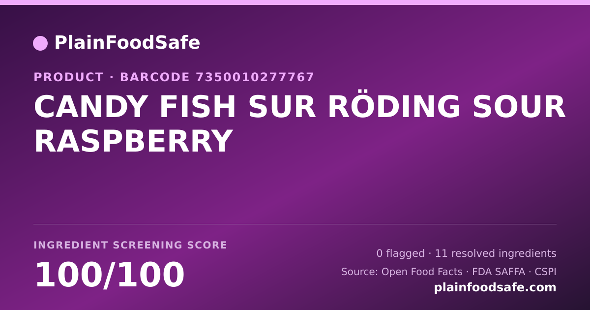 Share card for CANDY FISH SUR RÖDING SOUR RASPBERRY Food Ingredient Profile