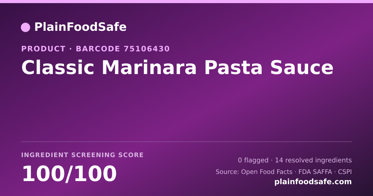 Share card for Classic Marinara Pasta Sauce Food Ingredient Profile