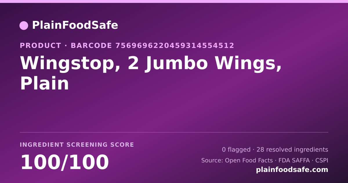 Share card for Wingstop, 2 Jumbo Wings, Plain Food Ingredient Profile