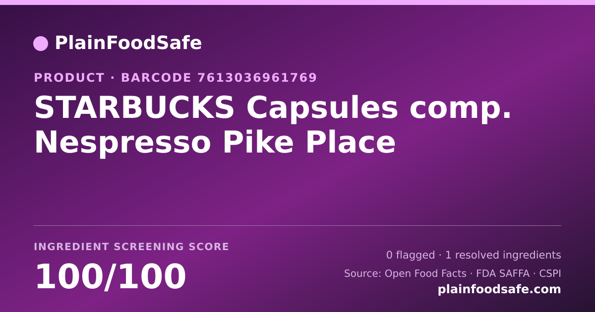 Share card for STARBUCKS Capsules comp. Nespresso Pike Place Food Ingredient Profile
