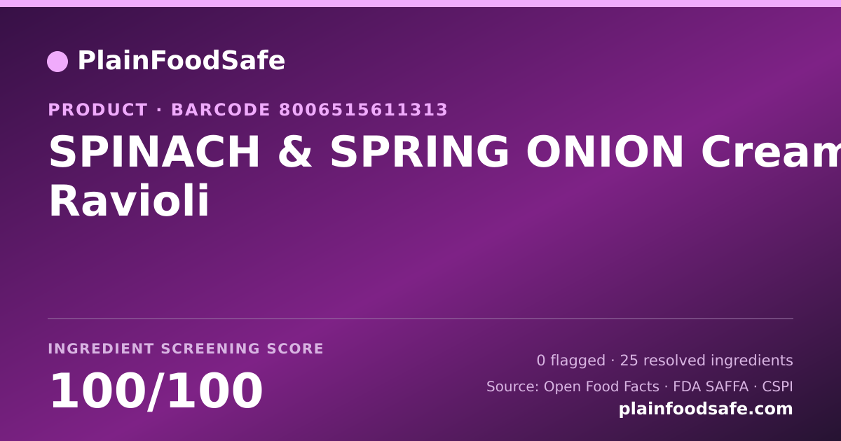 Share card for SPINACH & SPRING ONION Creamy Ravioli Food Ingredient Profile
