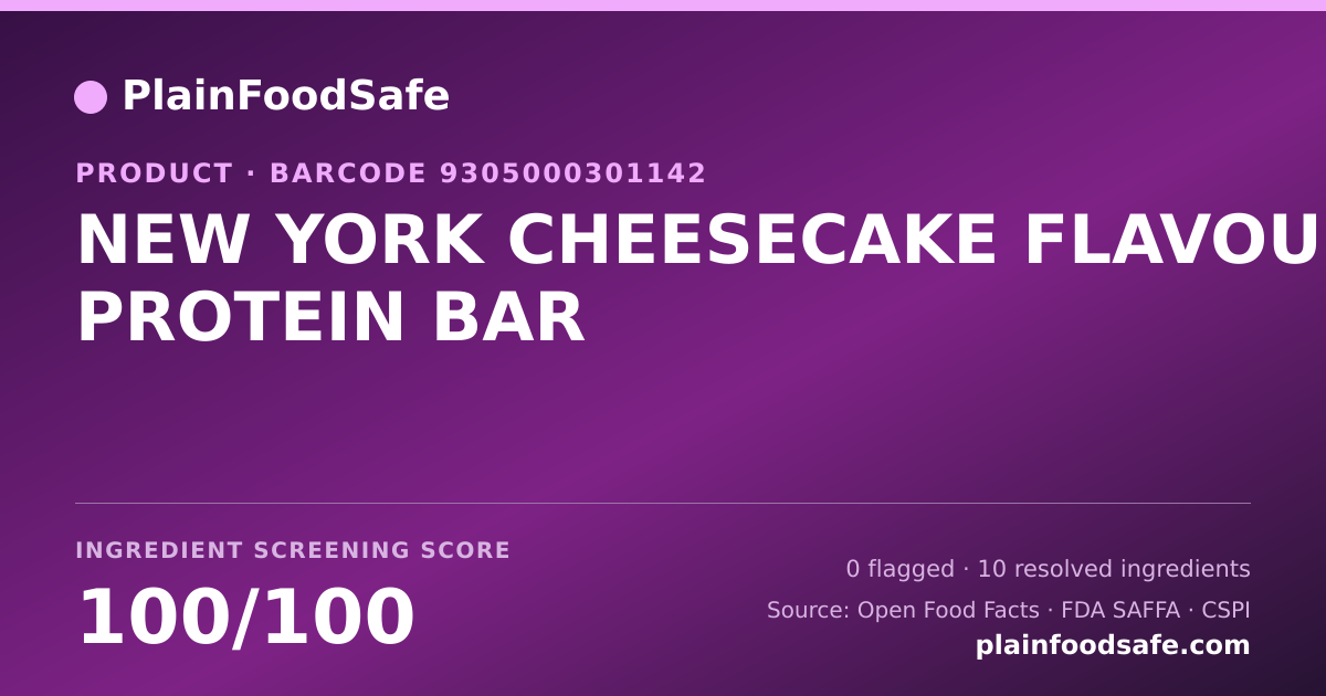 Share card for NEW YORK CHEESECAKE FLAVOURED PROTEIN BAR Food Ingredient Profile